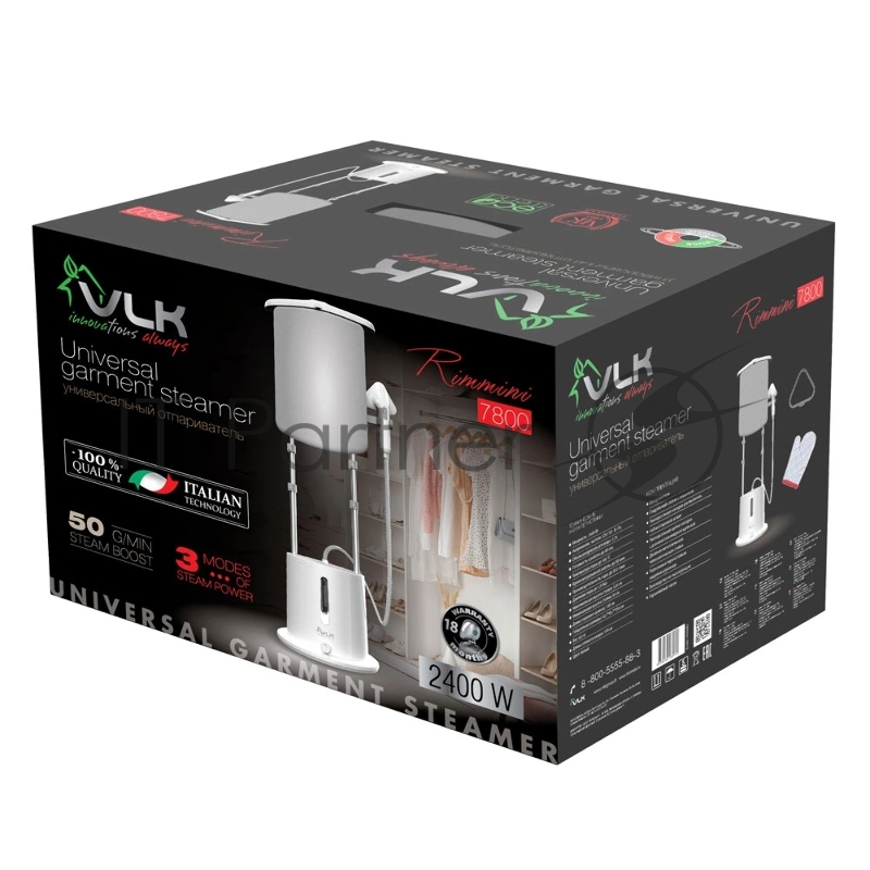 Отпариватель для одежды VLK Rimmini 7800, белый, мощность 2400 Вт, производительность 50 г/мин, емкость бака 1,7л, 1 шт/уп