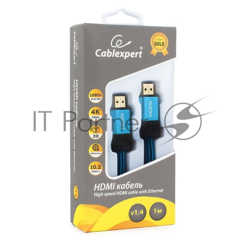 Кабель HDMI Cablexpert, серия Gold, 1 м, v1.4, M/M, синий, позол.разъемы, алюминиевый корпус, нейлоновая оплетка, коробка