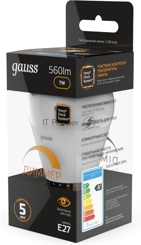 Лампа светодиодная Led Globe-dim E27 7Вт 3000К диммируемая Gauss 105102107-D