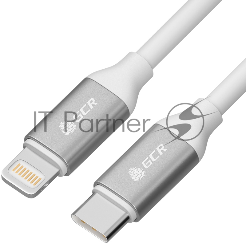Кабель GCR 0.5m TypeC/Lightning MFI POWER DELIVERY 18 W, быстрая зарядка, белый силикон, AL корпус серебро, белый ПВХ, GCR-52359