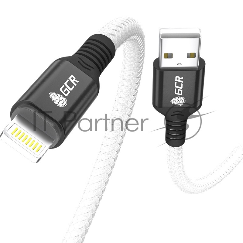 Кабель GCR PREMIUM 1.2m для iPhone, iPad, Air, AM/Lightning, MFI, белый нейлон, AL case черный, 28/24 AWG, GCR-53447