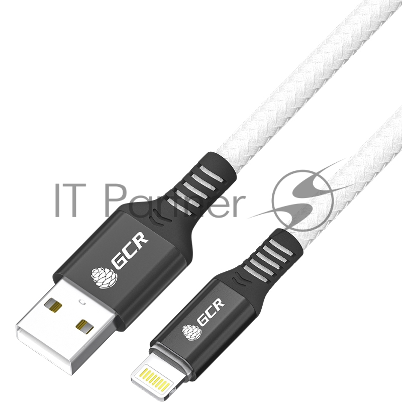 Кабель GCR PREMIUM 1.2m для iPhone, iPad, Air, AM/Lightning, MFI, белый нейлон, AL case черный, 28/24 AWG, GCR-53447