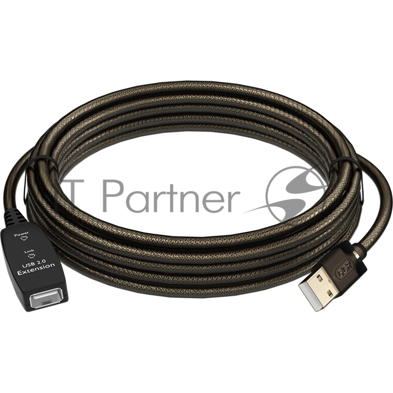 Удлинитель активный GCR 10.0m USB 2.0, AM/AF, GOLD, черно-прозрачный, с усилителем сигнала Premium, разъём для доп.питания, 24/22 AWG
