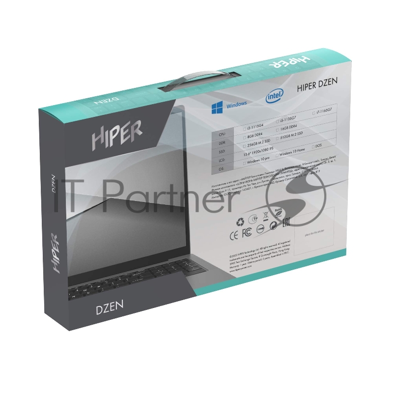 Ноутбук HIPER DZEN 15.6(1920x1080 (матовый) IPS)/Intel Core i7 1165G7(2.8Ghz)/16384Mb/512SSDG UHD Graphics/Cam/BT/WiFi/43.8WHr/w 1y/1.7kg/Silver/Win10Pro