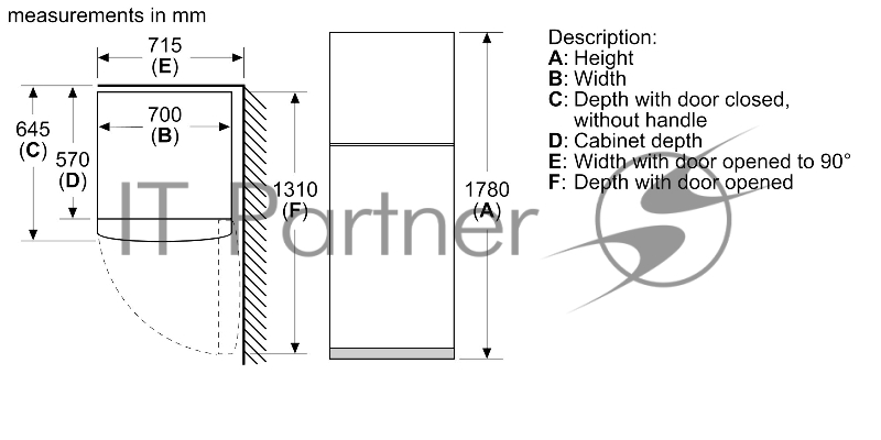 Отдельностоящий холодильник с морозильной камерой сверху Bosch KDN43N120M Series 2, 1780x700x645, 252/113 л, 42 дБ, NoFrost, Vita Fresh, MultiAirFlow
