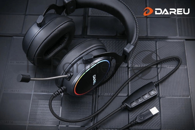Гарнитура игровая проводная Dareu EH925 Black (черный), подсветка RGB, фиксированный микрофон с шумоподавлением, подключение USB, длина кабеля 2,2м