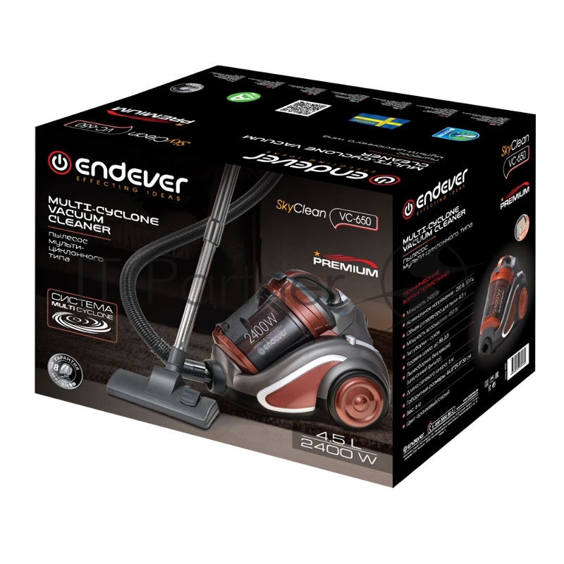 Пылесос циклонного типа Endever SkyClean VC-650, оранжевый/серый, мощность 2400 Вт