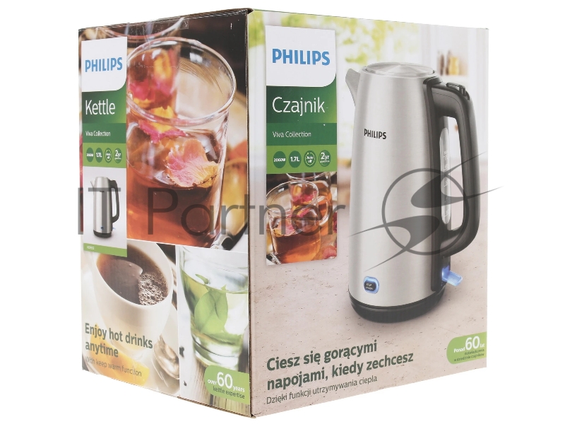Чайник PHILIPS HD9353/90 объем 1.7 л мощность 2060 Вт индикация включения, поддержание тепла закрытая спираль установка на подставку в любом положении стальной корпус
