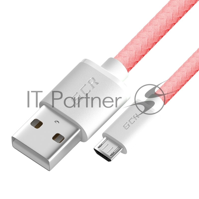 GCR Кабель 3A 0.5m MicroUSB, быстрая зарядка, розовый нейлон, GCR-51688
