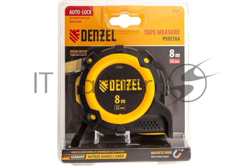 Рулетка 8м х 32мм, автоматич. фиксац., нейлон. покрытие, магнит. зацеп, двухстор. разметка// Denzel