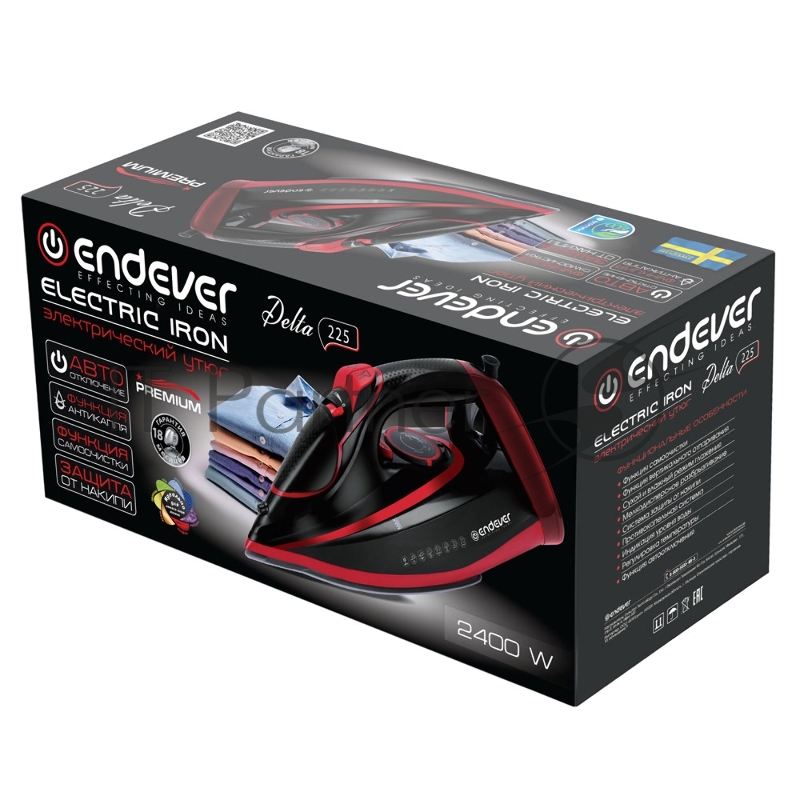 Утюг электрический Endever Delta-225, черный/красный, Мощность 2400 Вт, Подача пара 40 г/мин, Паровой удар 150 г/мин, 8 шт/уп