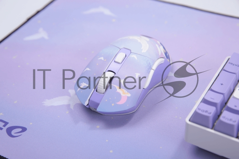 Мышь игровая беспроводная Dareu EM901X Dream (фиолетовый, серия Dream), DPI 400/800/1600/3200/6400/12000, подключение: проводное+2.4GHz, подсветка RGB, с зарядной станцией, встроенный аккумулятор 930mAh, размер 124x67x39мм