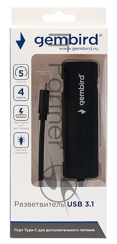Концентратор USB 3.0 Gembird UHB-C424, 4 порта, кабель Type-C 19см, с доп питанием (Type-C)
