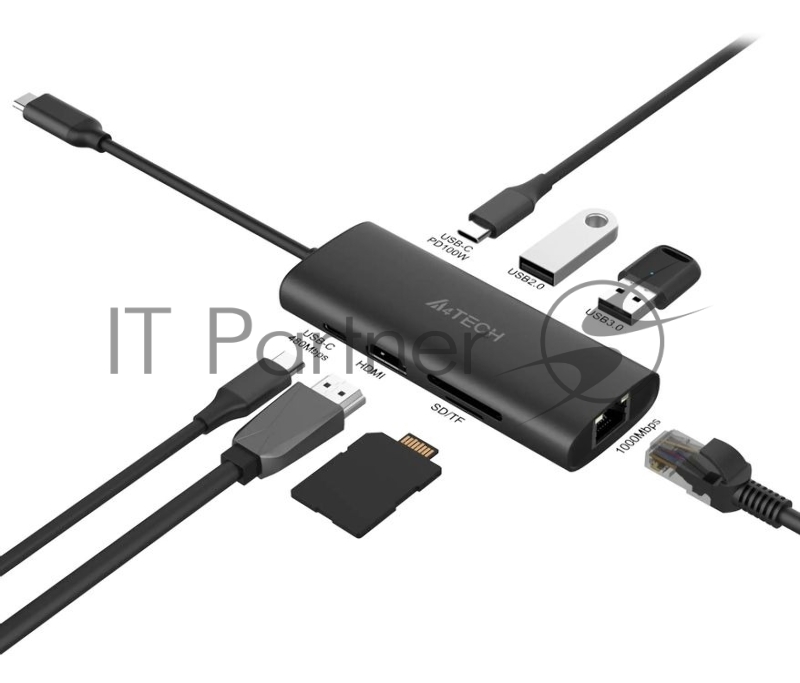 Разветвитель USB-C A4Tech DST-80C 2порт. серый