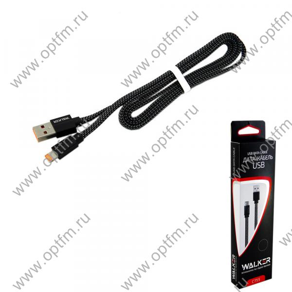 Кабель USB - Apple 8pin/lightning WALKER C755 в тканевой оплетке, плоский черный (1м)