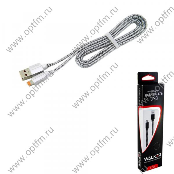 Кабель USB - Apple 8pin/lightning WALKER C755 в тканевой оплетке, плоский белый (1м)