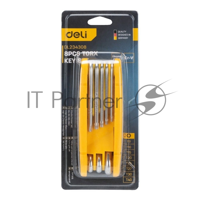 Набор складных шестигранных ключей TORX Deli DL234308 размеры T9,T10,T15,T20,T25,T27,T30,T40, пластиковый держатель