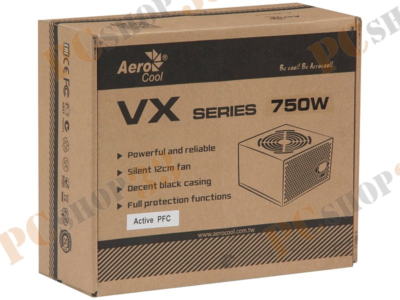 Блок питания 750Вт Aerocool VX-750 ATX12V V2.3 (20/24+4/8+6/8pin, вентилятор d120мм) + кабель питания EURO (1.1м)