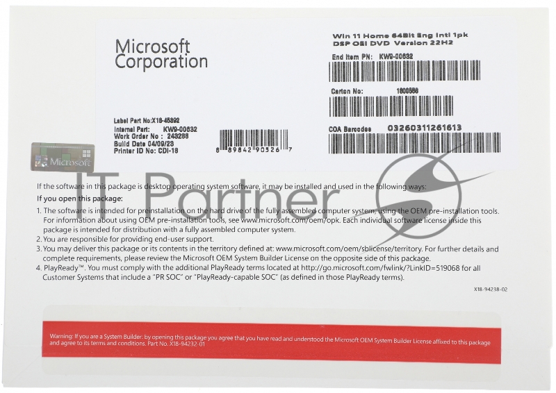 Операционная система Microsoft Windows 11 Home 64Bit Eng Intl 1pk DSP OEI DVD (KW9-00632)
