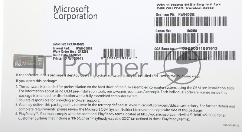 Операционная система Microsoft Windows 11 Home 64Bit Eng Intl 1pk DSP OEI DVD (KW9-00632)
