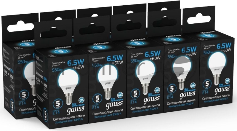 Лампа светодиодная Gauss 105101307 6.5Вт цок.:E14 шар 220B 6500K св.свеч.бел.хол. (упак.:10шт)