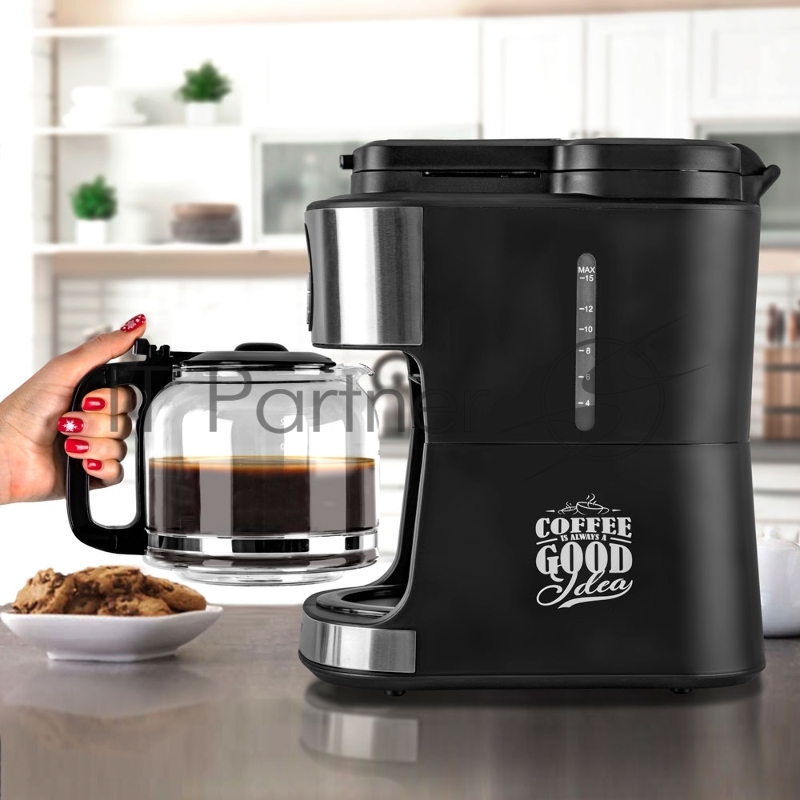 Электрическая автоматическая кофеварка капельного типа Endever Costa-1048, мощность 1300 Вт, цвет-черный/стальной, встроенная кофемолка, по 2 шт/уп