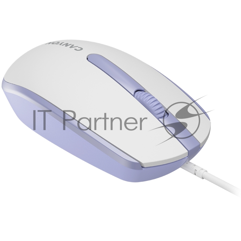 Мышь Canyon Wired optical mouse with 3 buttons, DPI 1000, with 1.5M USB cable,White lavender, 65*115*40mm, 0.1kg