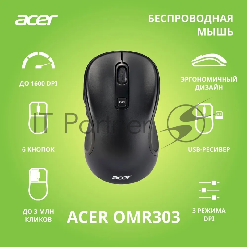 Мышь Acer OMR303 черный оптическая (1600dpi) беспроводная USB (6but)