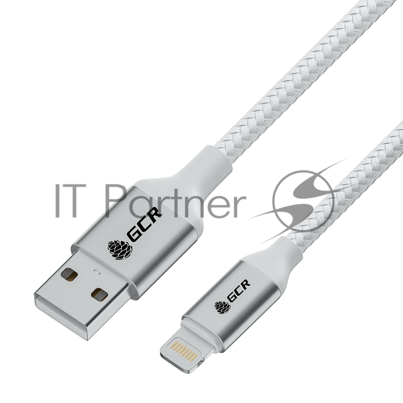 Кабель GCR PREMIUM 1.0m AM/Lightning LED для iPhone, iPad, Air, MFi, белый силикон, AL case черный, прозрачный ПВХ, GCR-54442