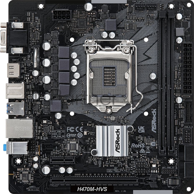 Материнская плата ASRock H470M-HVS/ H470M-HVS R2.0 LGA1200, H470, 2*DDR4, D-Sub+HDMI, 4xSATA3 6.0, 2xUSB 3.2, 4xUSB 2.0, mATX