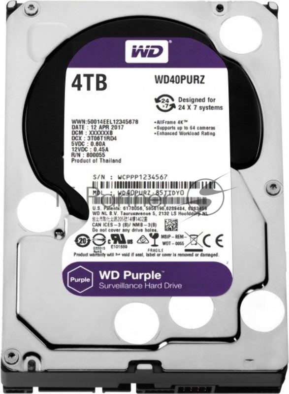 Жесткий диск Western Digital SATA-III 4Tb WD40PURZ Video Purple (5400rpm) 64Mb 3.5
