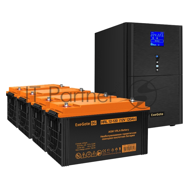 Комплект ИБП EX295990RUS + батарея 120Aч EX285657RUS 4шт (инвертор, синус, для котла) ExeGate SineTower SZ-3000.LCD.AVR.3SH.1C13.RJ.USB <3000VA/2400W, чистый синусоида, LCD дисплей, AVR, 3*Schuko+1*C13, RJ45/11, USB, линейно-интерактивный, Black> + б