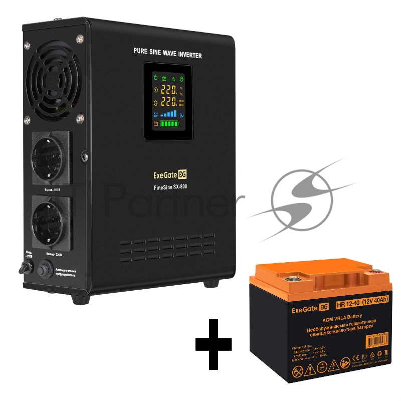 Комплект ИБП EX295996RUS + батарея 40Aч EX282979RUS 1шт (инвертор, синус, для котла, настенный) ExeGate FineSine SX-800.LCD.AVR.2SH <800VA/500W, чистая синусоида, цветной LCD-дисплей, AVR, 2*Schuko, линейно-интерактивный, крепление настенное/универса
