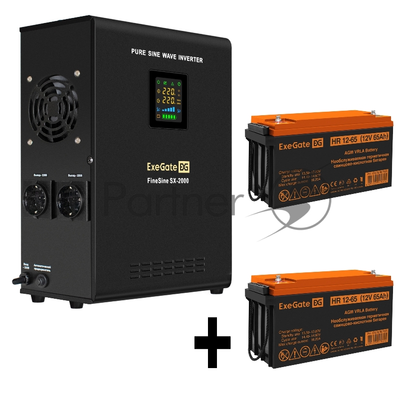 Комплект ИБП EX296001RUS + батарея 65Aч EX282982RUS 2шт (инвертор, синус, для котла, настенный) ExeGate FineSine SX-2000.LCD.AVR.2SH <2000VA/1400W, чистая синусоида, цветной LCD-дисплей, AVR, 2*Schuko, линейно-интерактивный, крепление настенное/униве