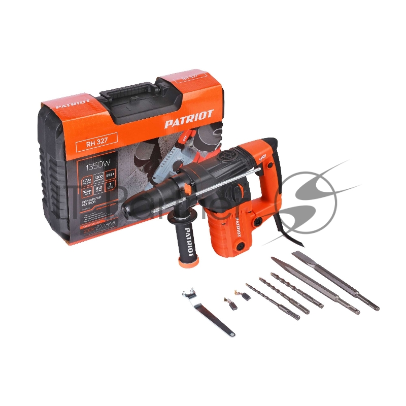 Перфоратор PATRIOT RH 327, SDS+, мощность 1350 Вт, 3.3 Дж, 3 режима работы, макс.диаметр 30мм, набор буров и долот, глубиномер, кейс