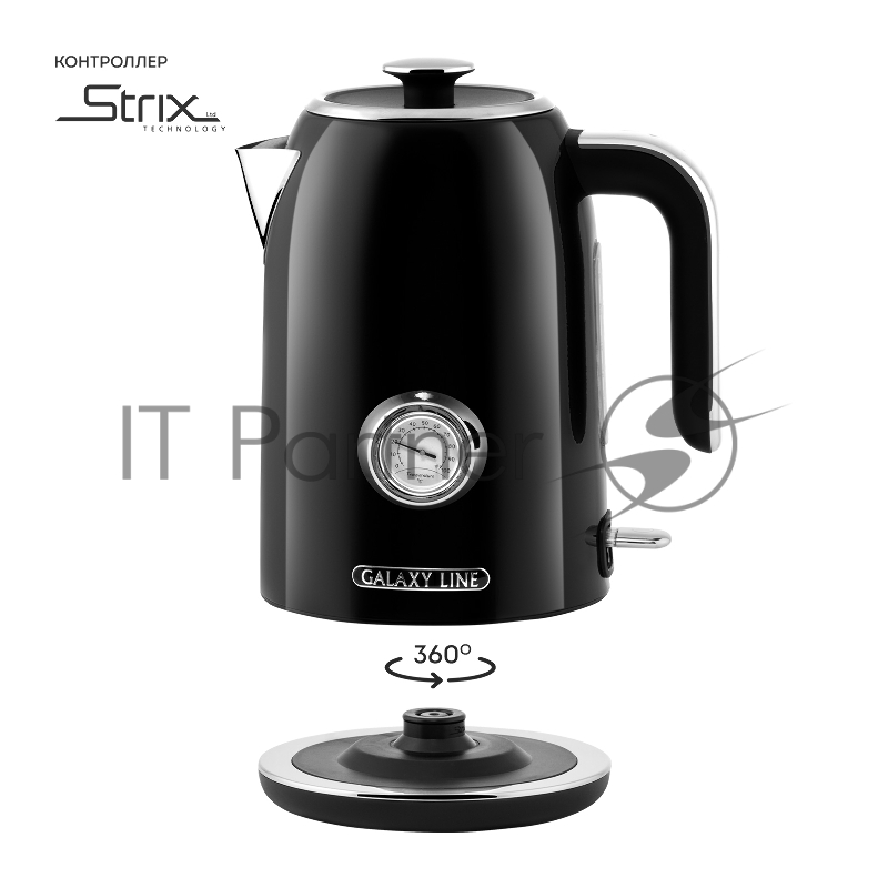 Чайник электрический GALAXY LINE GL 0350, магия черного, металл, 2200 Вт, 1,7 л, корпус из нерж. стали AISI 304, STRIX контроллер, термометр, шкала уровня воды