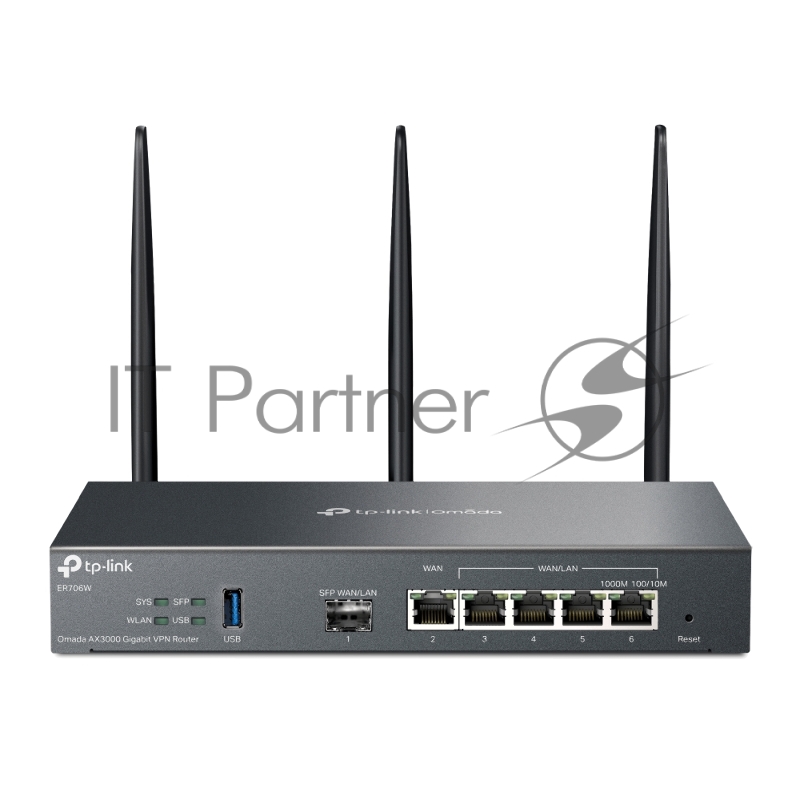 VPN-маршрутизатор TP-Link ER706W Omada с гигабитными портами и поддержкой Wi-Fi AX3000, 1 гиг. SFP WAN/LAN, 1 гиг. RJ45 WAN, 4 гиг. RJ45 WAN/LAN, USB 3.0, до 574 М/с на 2,4 ГГц + до 2402 М/с