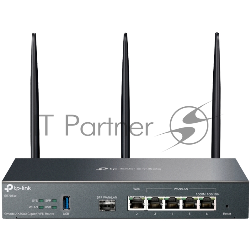 VPN-маршрутизатор TP-Link ER706W Omada с гигабитными портами и поддержкой Wi-Fi AX3000, 1 гиг. SFP WAN/LAN, 1 гиг. RJ45 WAN, 4 гиг. RJ45 WAN/LAN, USB 3.0, до 574 М/с на 2,4 ГГц + до 2402 М/с