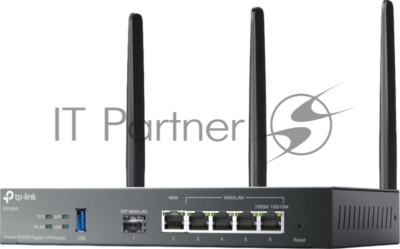 VPN-маршрутизатор TP-Link ER706W Omada с гигабитными портами и поддержкой Wi-Fi AX3000, 1 гиг. SFP WAN/LAN, 1 гиг. RJ45 WAN, 4 гиг. RJ45 WAN/LAN, USB 3.0, до 574 М/с на 2,4 ГГц + до 2402 М/с