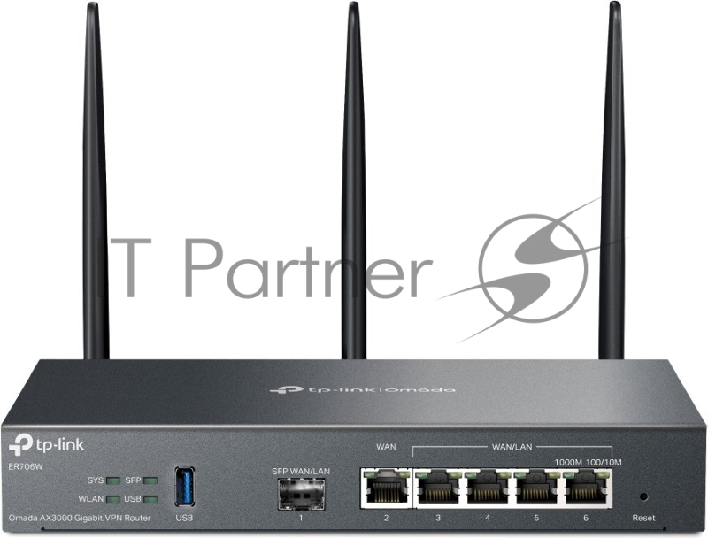 VPN-маршрутизатор TP-Link ER706W Omada с гигабитными портами и поддержкой Wi-Fi AX3000, 1 гиг. SFP WAN/LAN, 1 гиг. RJ45 WAN, 4 гиг. RJ45 WAN/LAN, USB 3.0, до 574 М/с на 2,4 ГГц + до 2402 М/с