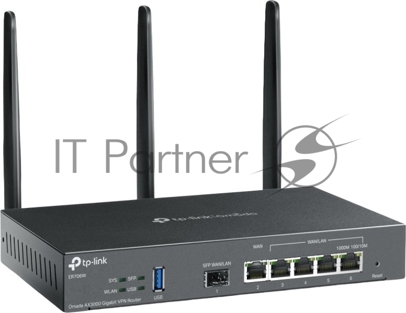 VPN-маршрутизатор TP-Link ER706W Omada с гигабитными портами и поддержкой Wi-Fi AX3000, 1 гиг. SFP WAN/LAN, 1 гиг. RJ45 WAN, 4 гиг. RJ45 WAN/LAN, USB 3.0, до 574 М/с на 2,4 ГГц + до 2402 М/с