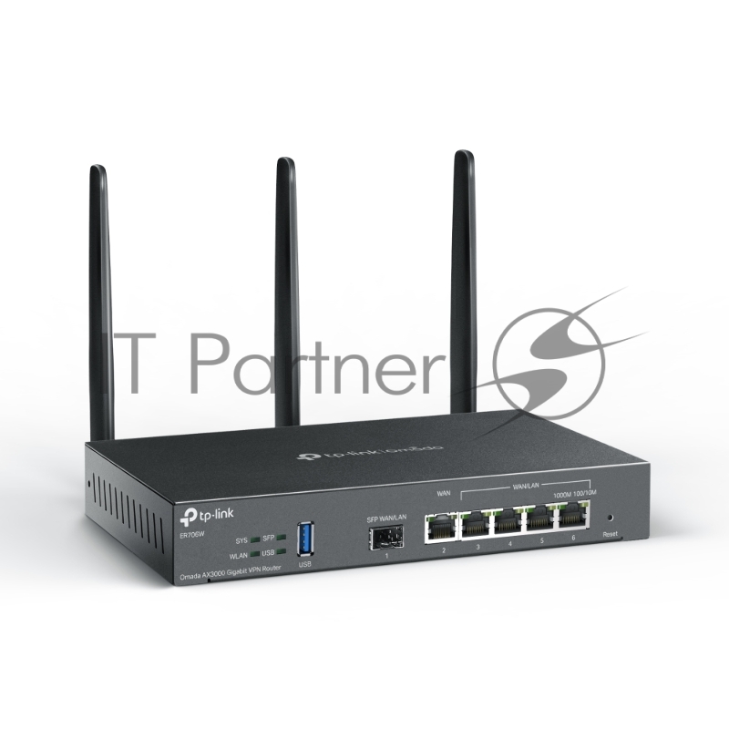 VPN-маршрутизатор TP-Link ER706W Omada с гигабитными портами и поддержкой Wi-Fi AX3000, 1 гиг. SFP WAN/LAN, 1 гиг. RJ45 WAN, 4 гиг. RJ45 WAN/LAN, USB 3.0, до 574 М/с на 2,4 ГГц + до 2402 М/с