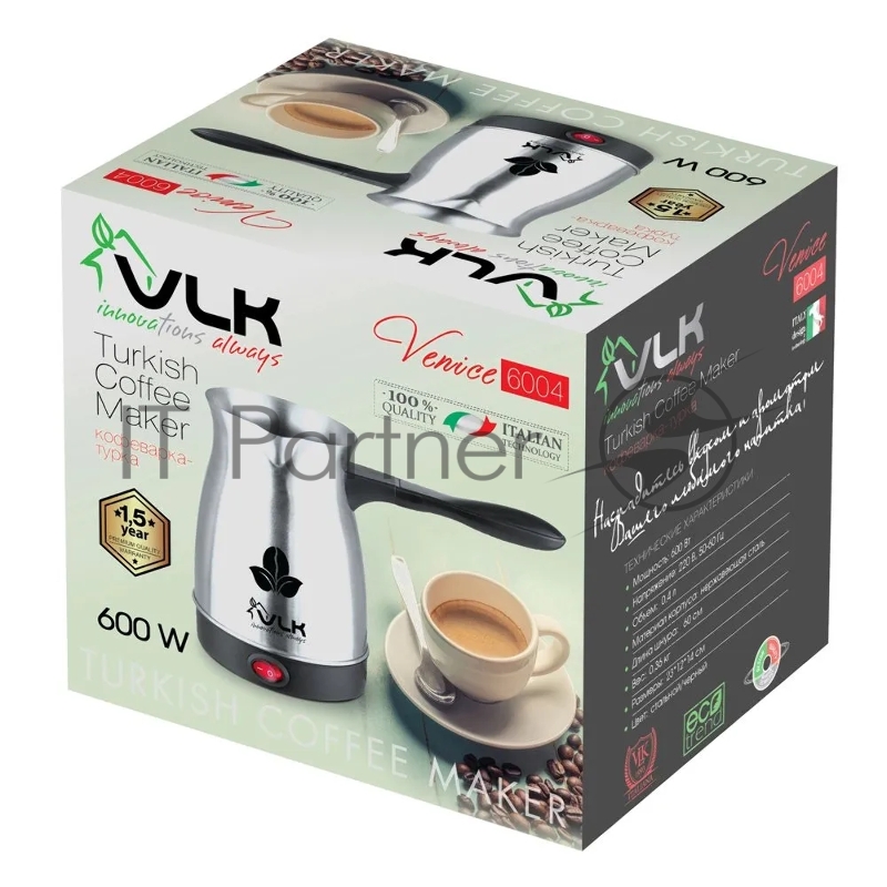 Кофеварка-турка VLK Venice 6004 электрическая, цвет стальной/черный, мощность 600 Вт, объем 0,4 л, корпус н.сталь, 36 шт/уп.