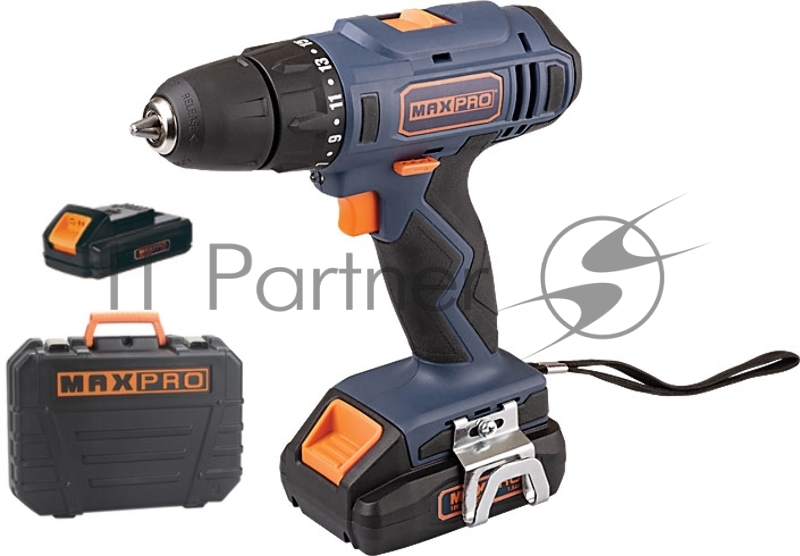 Дрель-Шуруповерт аккумуляторная MAX-PRO 18 В, 0-350/0-1250 об/мин, 10 мм, 30 Нм, 2 батареи (Li-Ion) х1,5 Ач, 15+1, 1 ч., регулировка оборотов, резинов