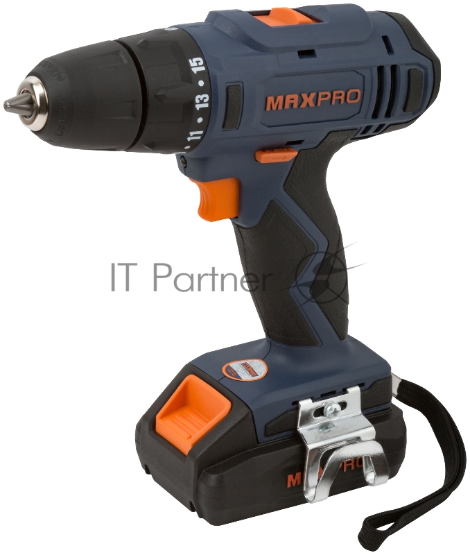Дрель-Шуруповерт аккумуляторная MAX-PRO 18 В, 0-350/0-1250 об/мин, 10 мм, 30 Нм, 2 батареи (Li-Ion) х1,5 Ач, 15+1, 1 ч., регулировка оборотов, резинов