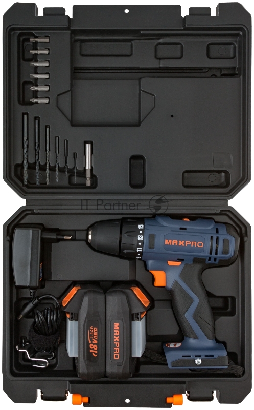Дрель-Шуруповерт аккумуляторная MAX-PRO 18 В, 0-350/0-1250 об/мин, 10 мм, 30 Нм, 2 батареи (Li-Ion) х1,5 Ач, 15+1, 1 ч., регулировка оборотов, резинов