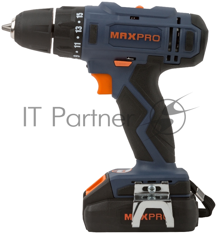 Дрель-Шуруповерт аккумуляторная MAX-PRO 18 В, 0-350/0-1250 об/мин, 10 мм, 30 Нм, 2 батареи (Li-Ion) х1,5 Ач, 15+1, 1 ч., регулировка оборотов, резинов