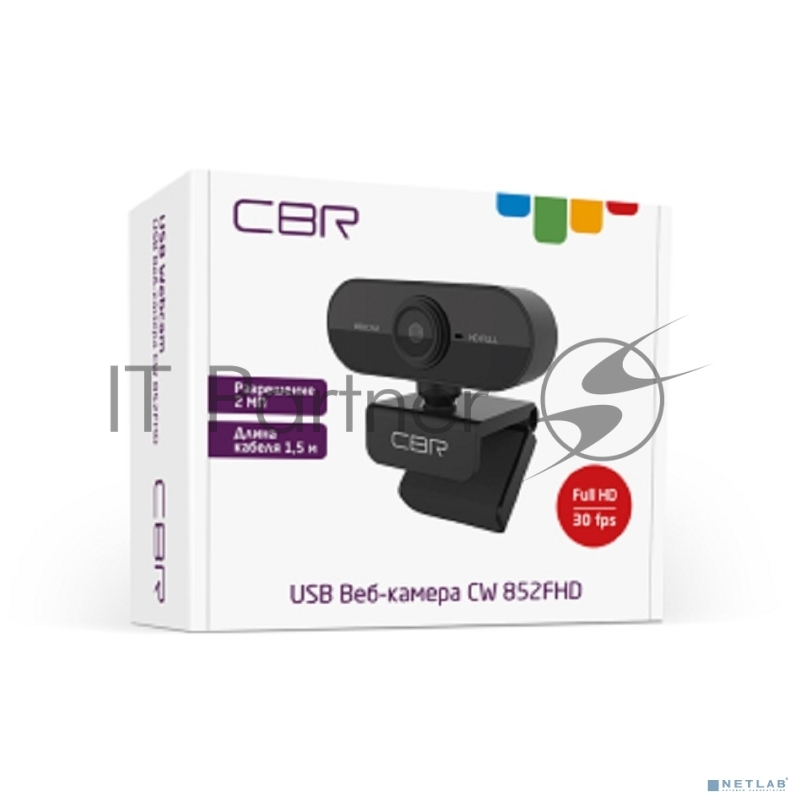 Веб-камера CBR CW 852FHD Black с матрицей 2 МП, разрешение видео 1920х1080, USB 2.0, встроенный микрофон с шумоподавлением, фикс.фокус, крепление на мониторе, длина кабеля 1,5 м, цвет чёрный
