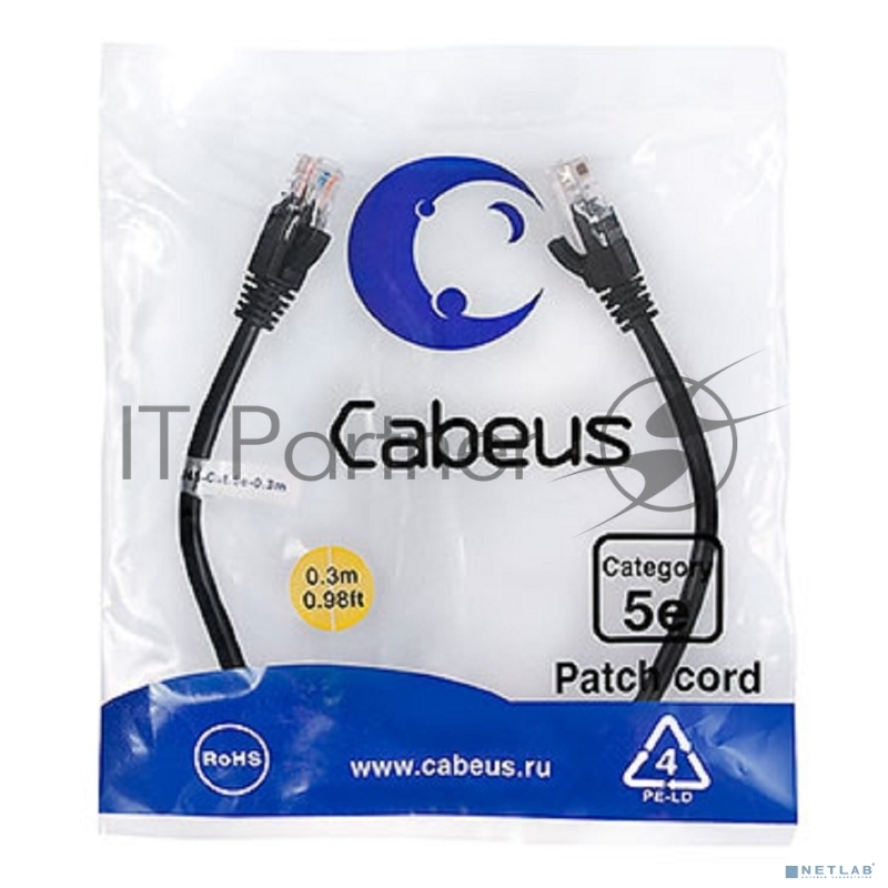 Шнур комм. Cabeus, кат. 5е, неэкр., U/UTP, RJ45/RJ45, LSZH, AWG24, 0.3м, чёрный