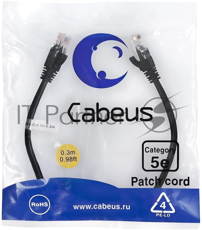 Шнур комм. Cabeus, кат. 5е, неэкр., U/UTP, RJ45/RJ45, LSZH, AWG24, 0.3м, чёрный